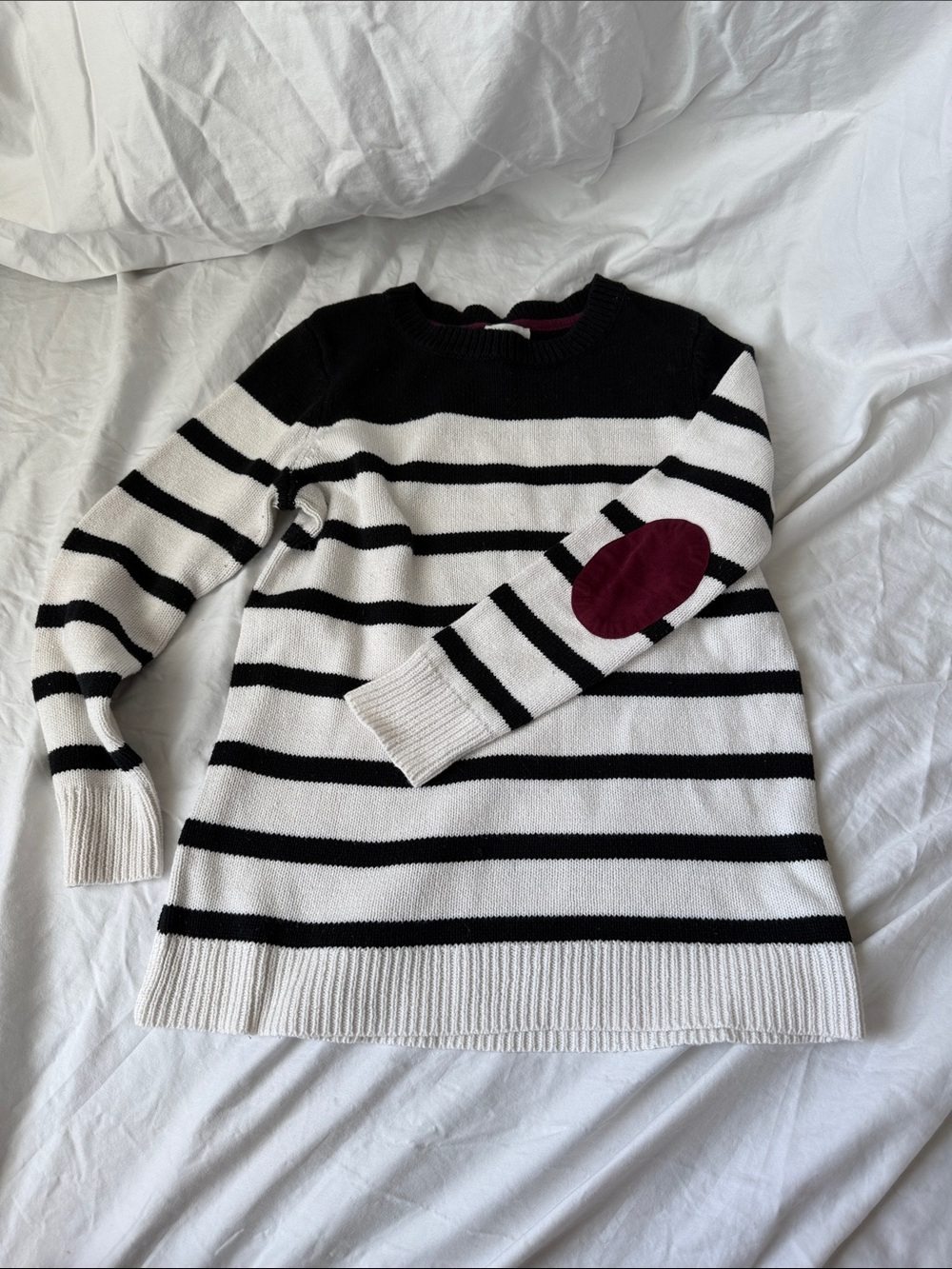 Striped Black and White Sweater with Burgundy Elbow Patch